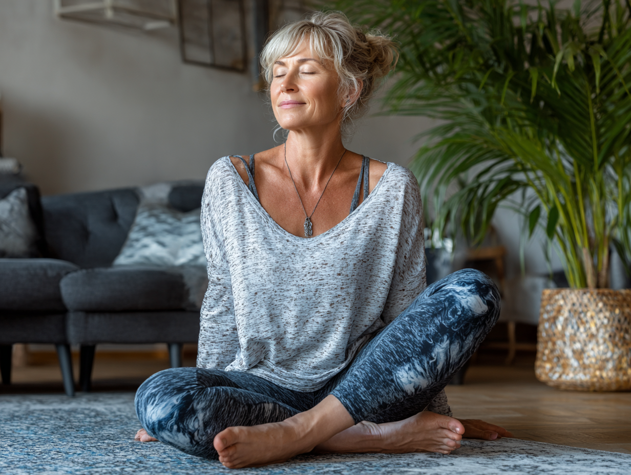 Старші люди займаються йогою на природі